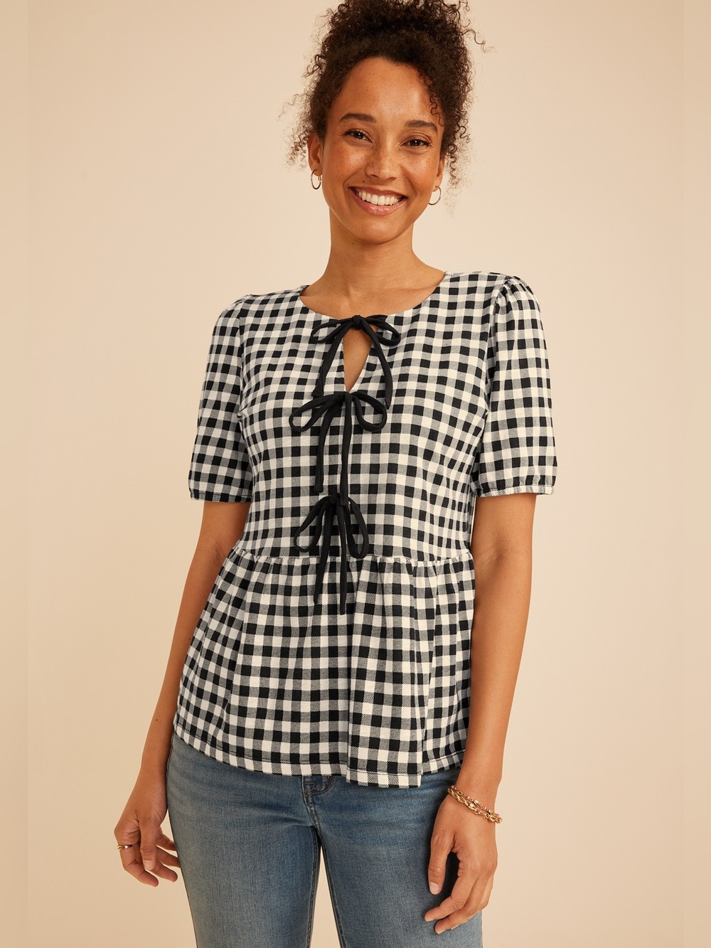 Monteau Los Angeles Gingham Tie-Front Peplum Blouse size small boho festival